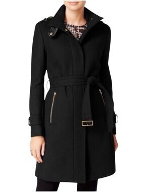 Cole Haan Black Wool Blend Belted Coat